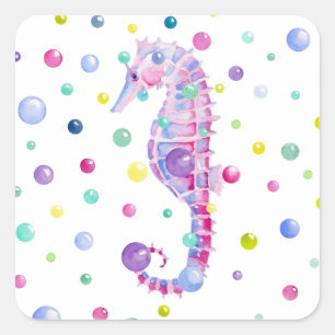 Sticker Carré Hippocampe à l'aquarelle et bulles colorées