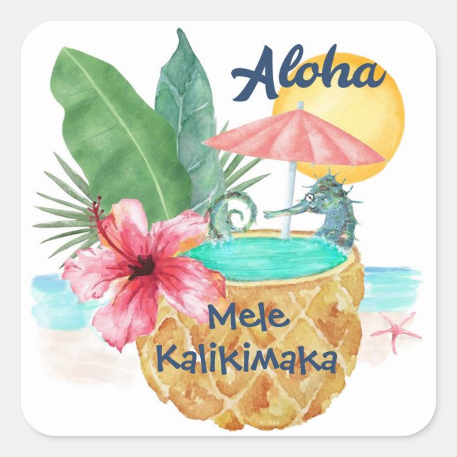 Sticker Carré Hippocampe Ananas Mele Kalikimaka Plage Noël (Devant)