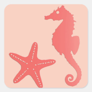 Sticker Carré Hippocampe et poisson-cétacés, Coral Orange