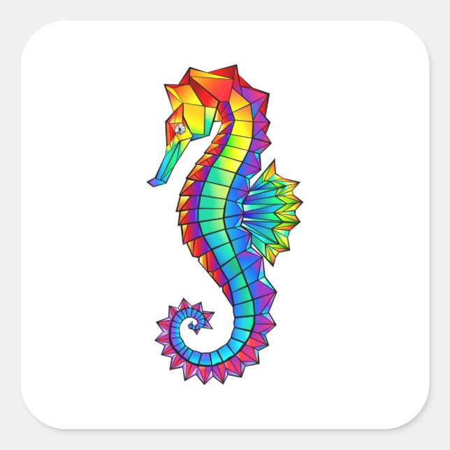 Sticker Carré Hippocampe polygonal arc-en-ciel (Devant)