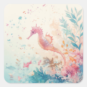 Sticker Carré Hippocampe rose à l'aquarelle et récif de corail v