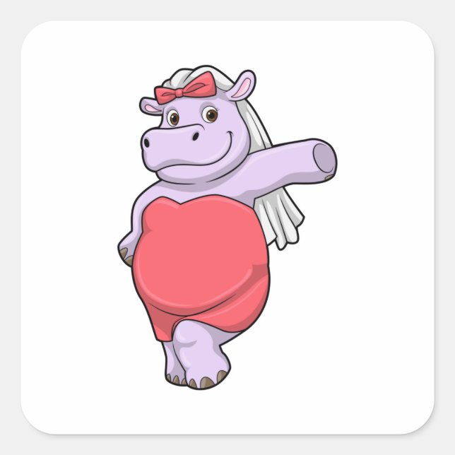 Sticker Carré Hippopotame en mariée avec voile et nœud (Devant)