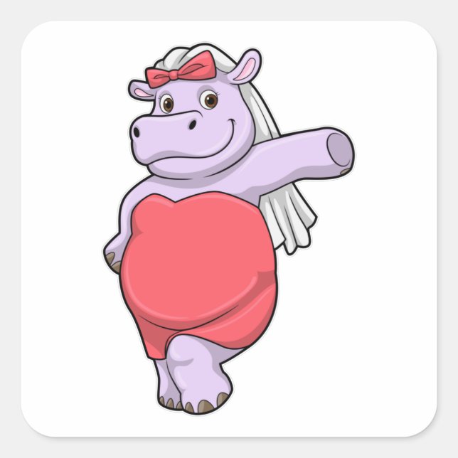 Sticker Carré Hippopotame en mariée avec voile et nœud (Devant)