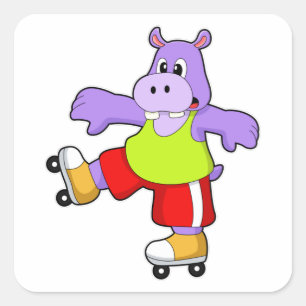 Sticker Carré Hippopotame en patineur avec des rollers en ligne