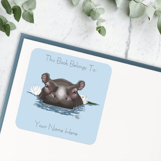 Sticker Carré Hippopotame Lotus Blanc Bleu (Créateur téléchargé)
