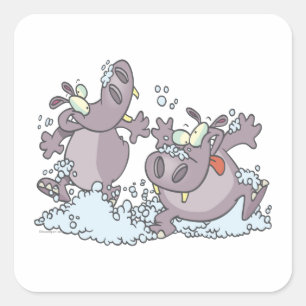 Sticker Carré hippopotames amusants dans les suds dessin animé