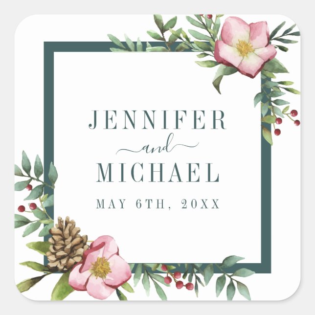 Sticker Carré Hiver Aquarelle Noël Rose Greens (Devant)