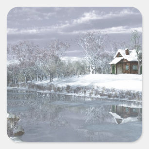 Sticker Carré Hiver au lac
