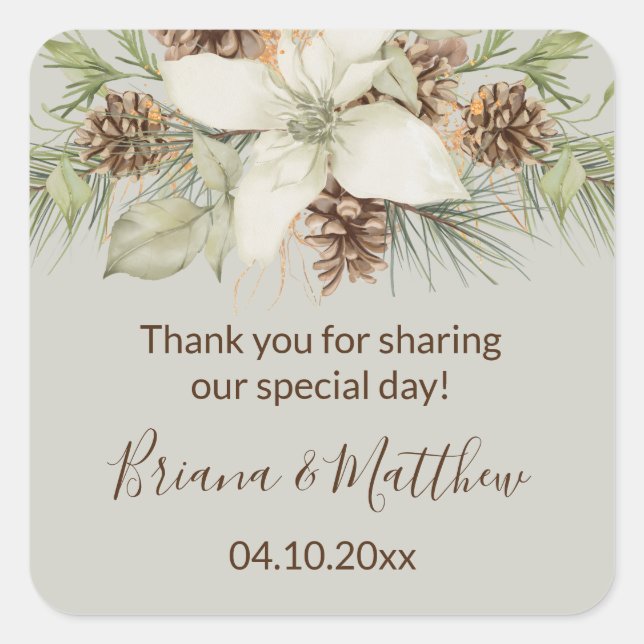 Sticker Carré Hiver Beige Élégant Script Mariage Faveur (Devant)