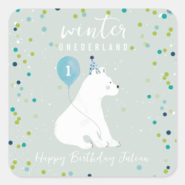 Sticker Carré Hiver Onederland Bleu Anniversaire Ours Polaire Ne (Devant)