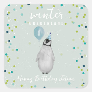 Sticker Carré Hiver Onederland Bleu Anniversaire Penguin Balloon