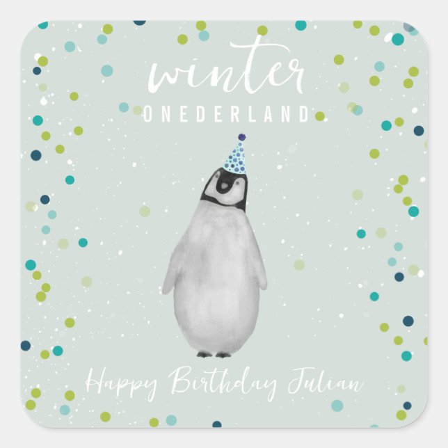 Sticker Carré Hiver Onederland Blue Anniversaire Penguin Confett (Devant)