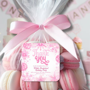 Sticker Carré Hiver Onederland Pink Snowflakes Merci