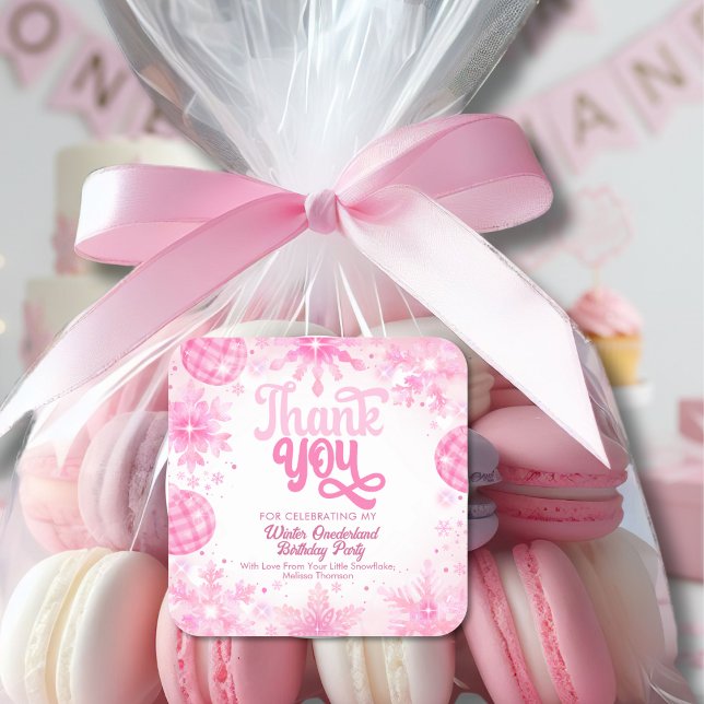 Sticker Carré Hiver Onederland Pink Snowflakes Merci (Créateur téléchargé)