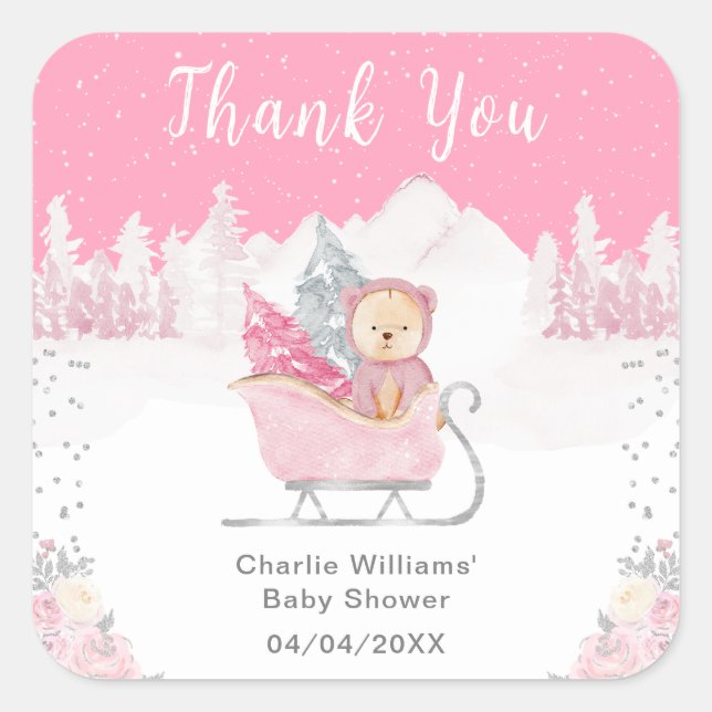 Sticker Carré Hiver Ours rose Baby shower de traîneau Merci (Devant)