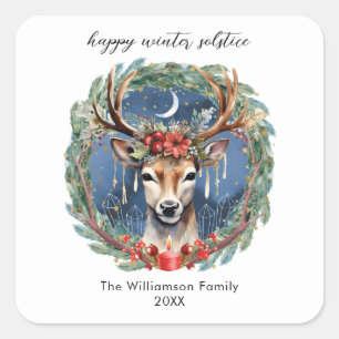 Sticker Carré Hiver Solstice vacances Deer Wreath Yule Noël