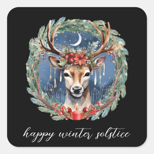 Sticker Carré Hiver Solstice vacances Deer Wreath Yule Noël (Devant)