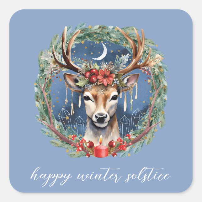 Sticker Carré Hiver Solstice vacances Deer Wreath Yule Noël (Devant)