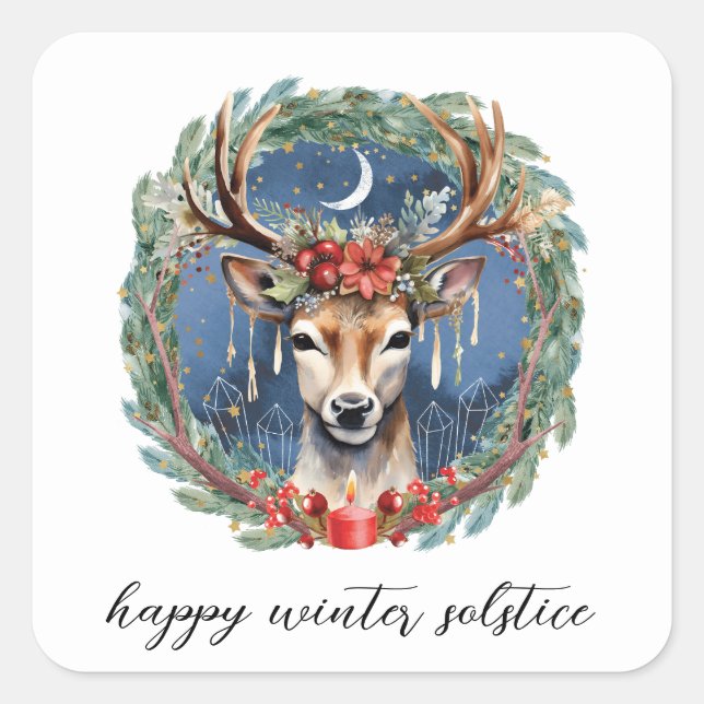 Sticker Carré Hiver Solstice vacances Deer Wreath Yule Noël (Devant)