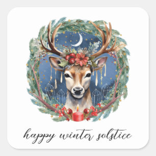 Sticker Carré Hiver Solstice vacances Deer Wreath Yule Noël