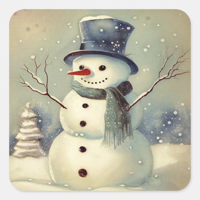 Sticker Carré hiver vintage, bonhomme de neige (Devant)