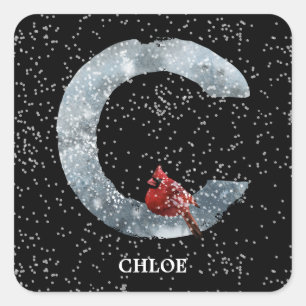 Sticker Carré Hiver Wonderland Alphabet C Monogramme   Oiseau ro