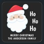 Sticker Carré Ho Ho Ho Père Noël Face Christmas Personnalisé<br><div class="desc">Un magnifique visage de Père Noël avec son chapeau de Père Noël rouge et les mots "Ho Ho Ho" en noir. En dessous de l'image est le salut "Joyeux Noël" avec le nom de famille, cela peut être personnalisé afin que vous pouvez simplement ajouter à un sac cadeau ou un...</div>