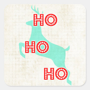 Sticker Carré ho ho ho renne rouge bleu Noël vintage