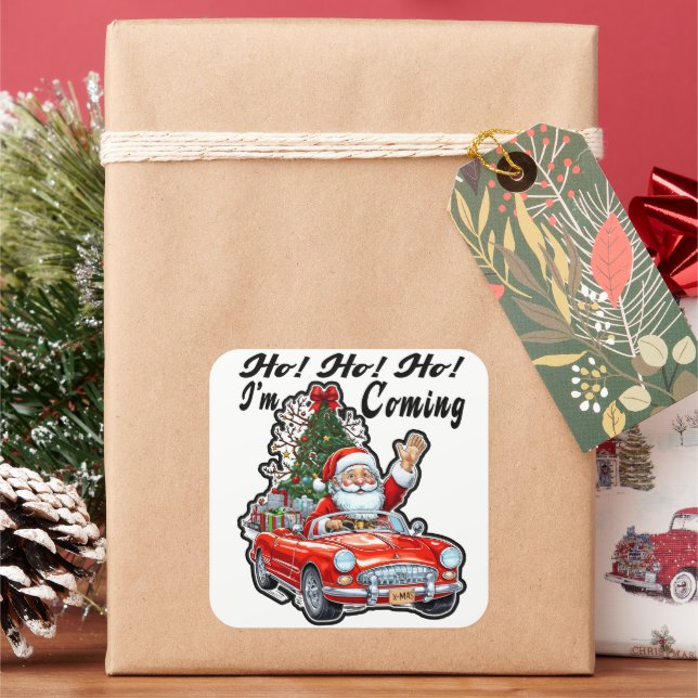 Sticker Carré Ho Ho Santa Driving Red Classic Car (vacances)