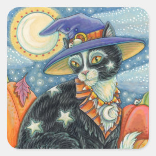 STICKER CARRÉ HOCUS POCUS NOIR CAT WITCH & MOUSE HALLOWEEN