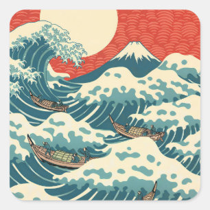 Sticker Carré Hokusai Grande Vague Rétro Art Japonais