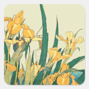 Sticker Carré Hokusai grasshopper et iris Japon