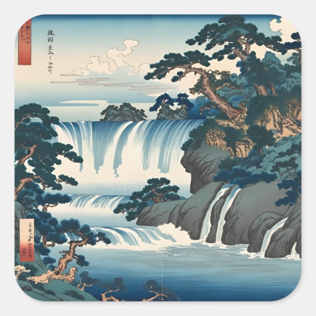 Sticker Carré Hokusai Ukiyo-e Cascade japonaise Paysage bleu (Devant)