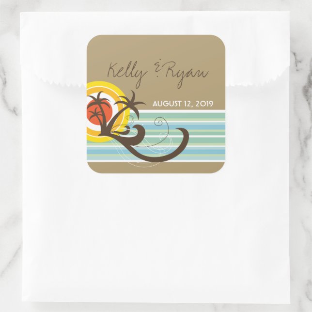 Sticker Carré Holiday Sunset Tropical Palm Trees Beach Mariage (Sac)