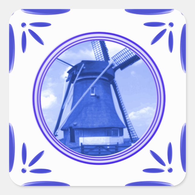 Sticker Carré Holland Windmill Delft-Blue-Tile-Look imprimé (Devant)