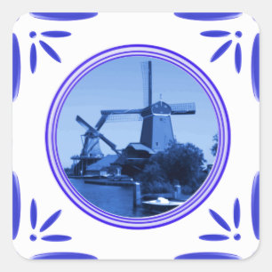 Sticker Carré Holland Windmills Delft-Blue-Tile-Look imprimé