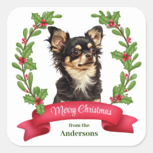 Sticker Carré Holly Banner Black Tan Chihuahua Chien Noël