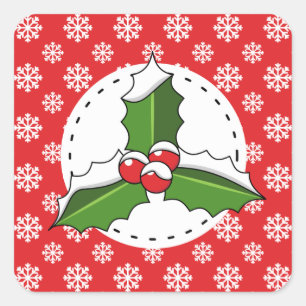 Sticker Carré Holly Berry on Red White Snowflakes