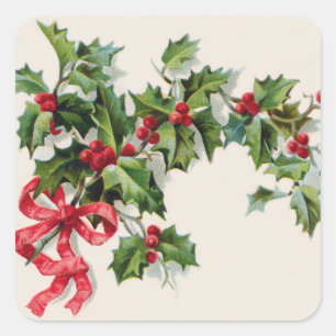 Sticker Carré Holly Winterberry Ruban Rouge