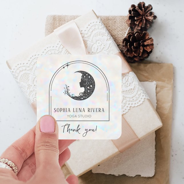 Sticker Carré Holographique Boho Arch Crescent Céleste Lune (Holographic Boho Arch Celestial Crescent Moon Square Sticker)