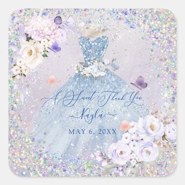 Sticker Carré Holographique Confetti Sweet 16 Dusty Blue Gown (Devant)