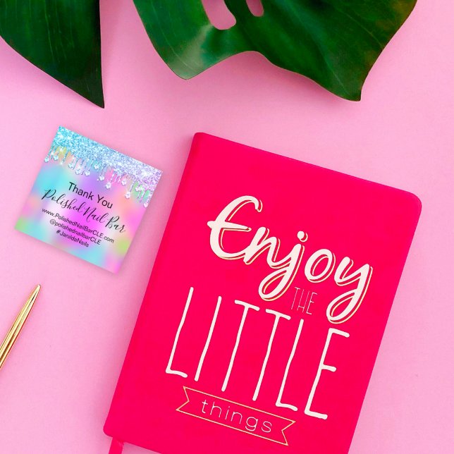 Sticker Carré Holographique Merci Diamond Drives Clou rose (Holographic Thank You Diamond Drips Nail Pink Square Sticker)