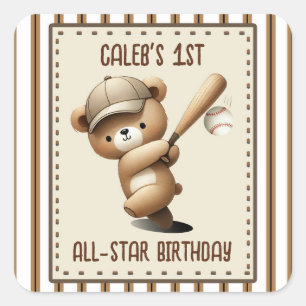 Sticker Carré Homerun Hitter Stripe Bear 1er anniversaire