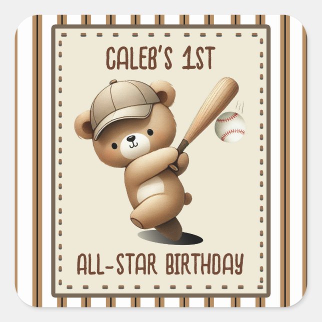 Sticker Carré Homerun Hitter Stripe Bear 1er anniversaire (Devant)