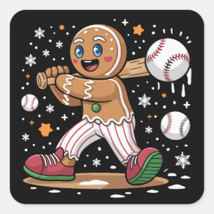 Sticker Carré Homme en pain d'épice de Noël Joueur de baseball s