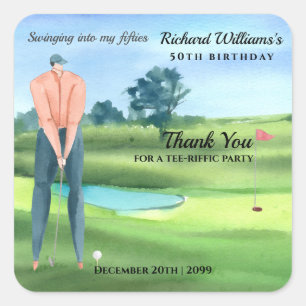 Sticker Carré Homme Golfeur Balançant Pour Mon 50e Anniversaire