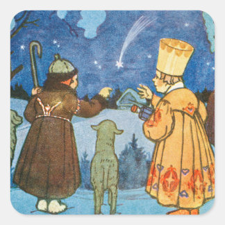 Sticker Carré Hommes sages vintages et moutons la nuit de Noël