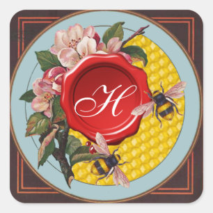 STICKER CARRÉ HONEY ABEILLES AVEC DES ROSES SAUVAGES MONOGRAMME