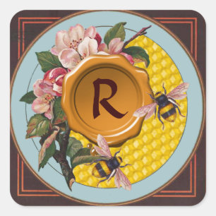 STICKER CARRÉ HONEY ABEILLES ET ROSES SAUVAGES MONOGRAMME DE SCE