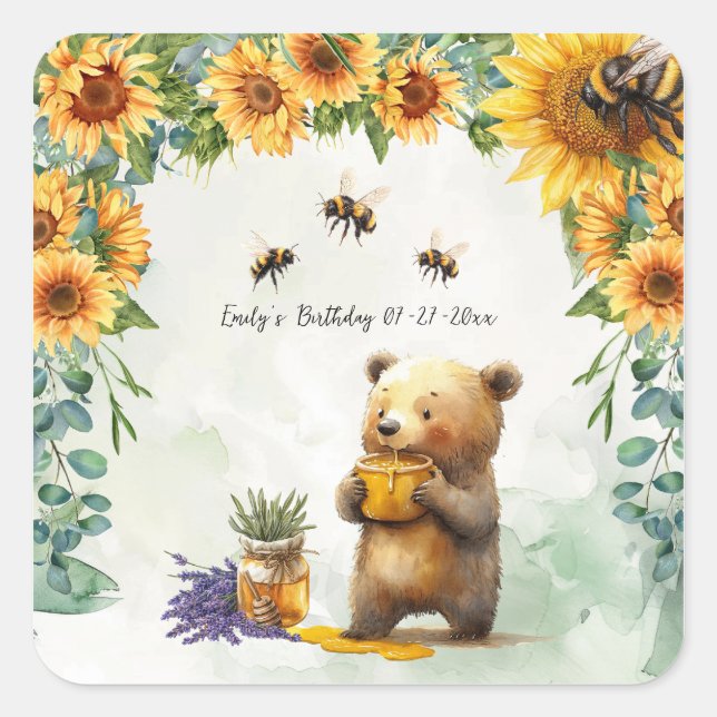 Sticker Carré Honey Bear Anniversaire de fête Napkins (Devant)